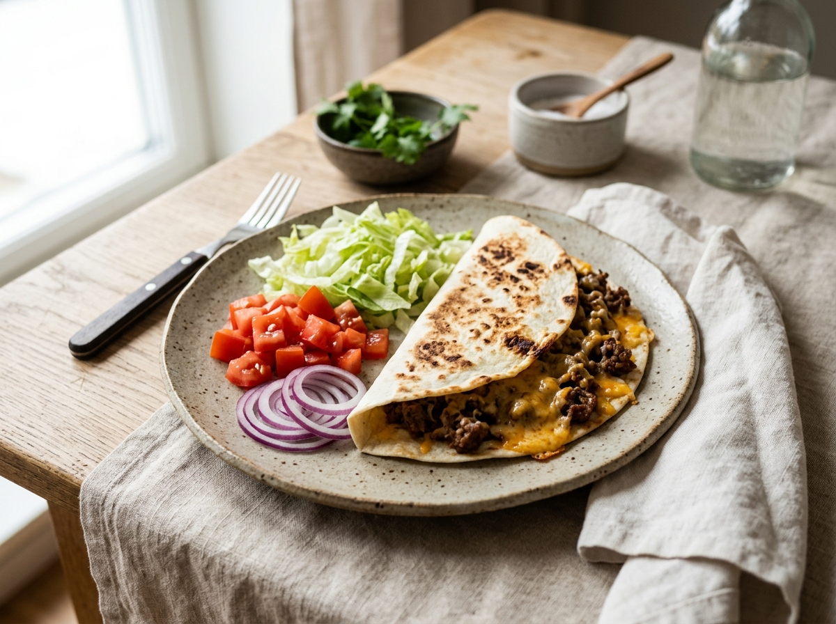 Færdig cheeseburger taco med smeltet cheddar, salat, tomat og rødløg