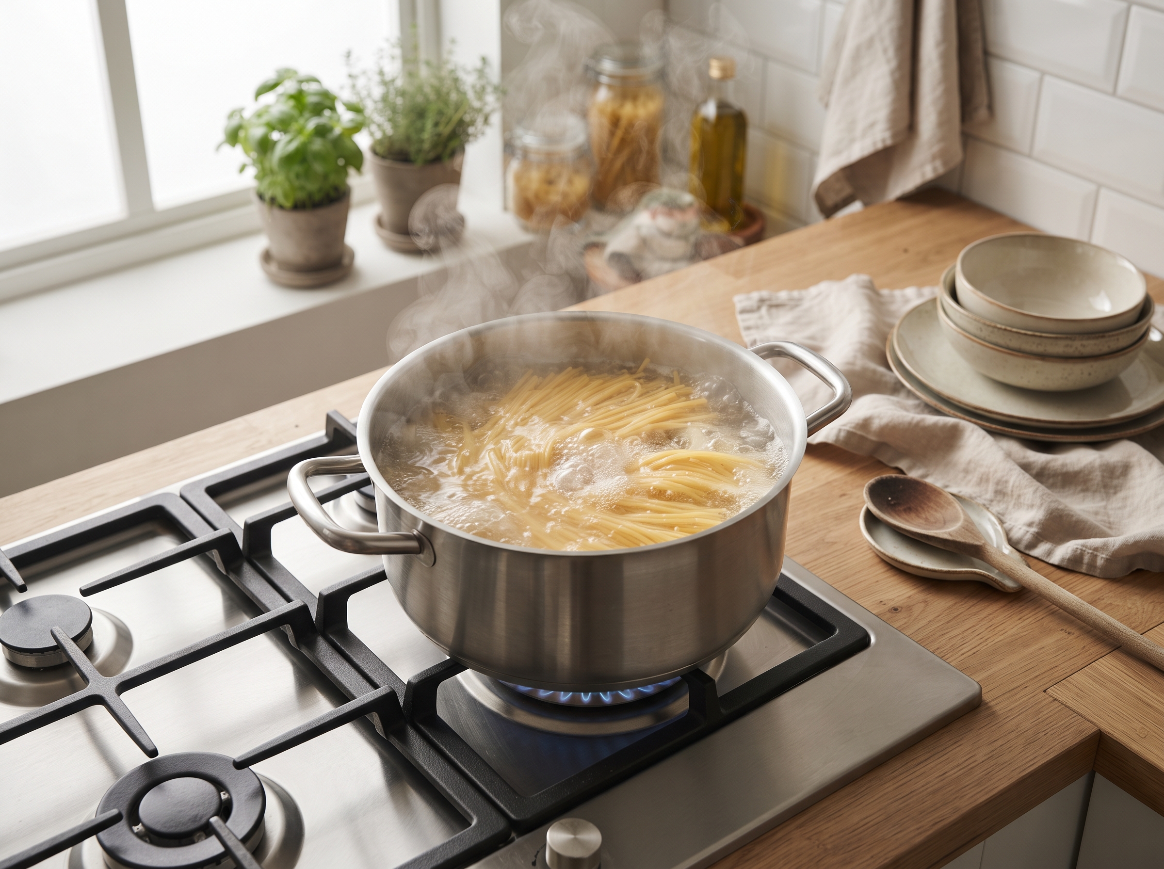 Spaghetti koger i saltet vand