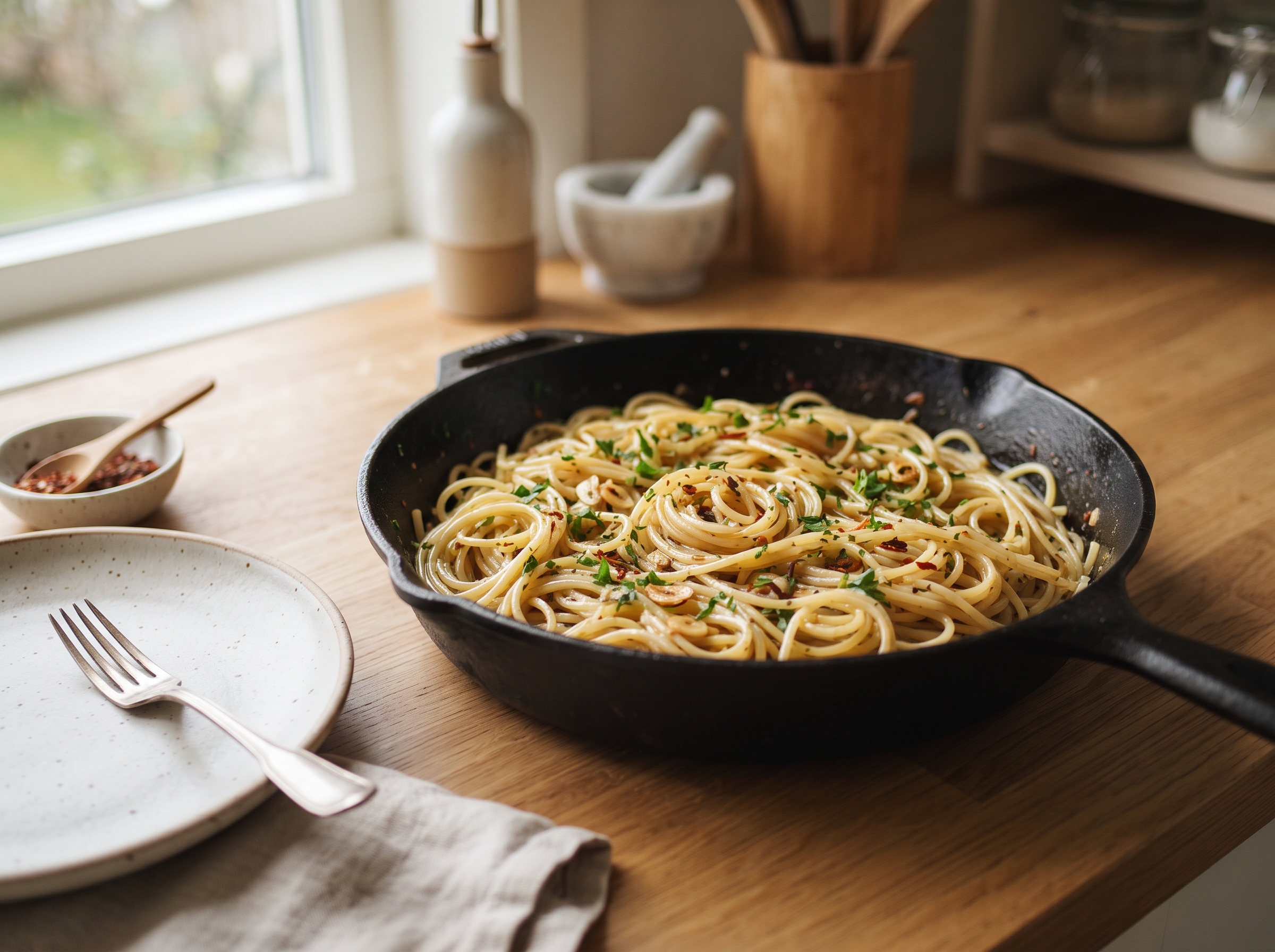 Spaghetti vendes med hvidløgs-chiliolie og persille
