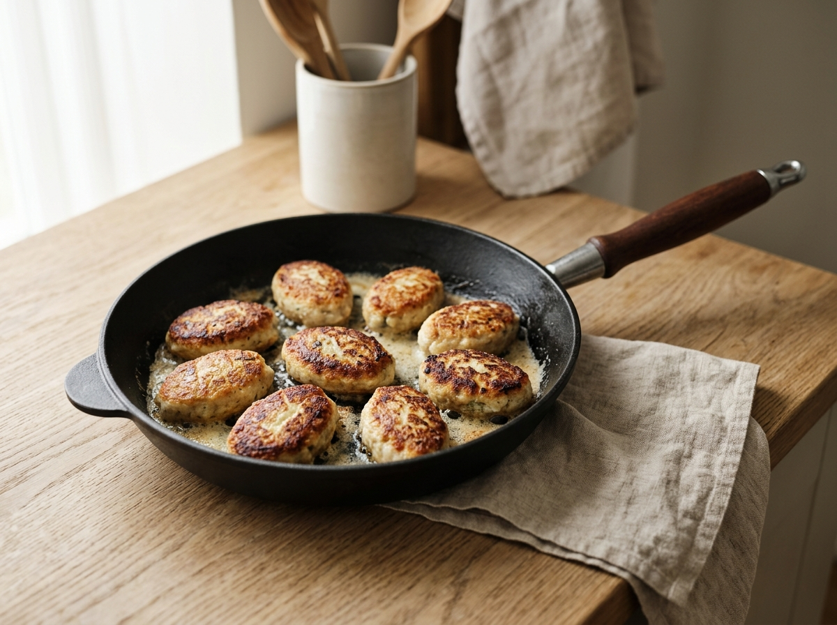 Fiskefrikadeller der steges gyldne på en pande