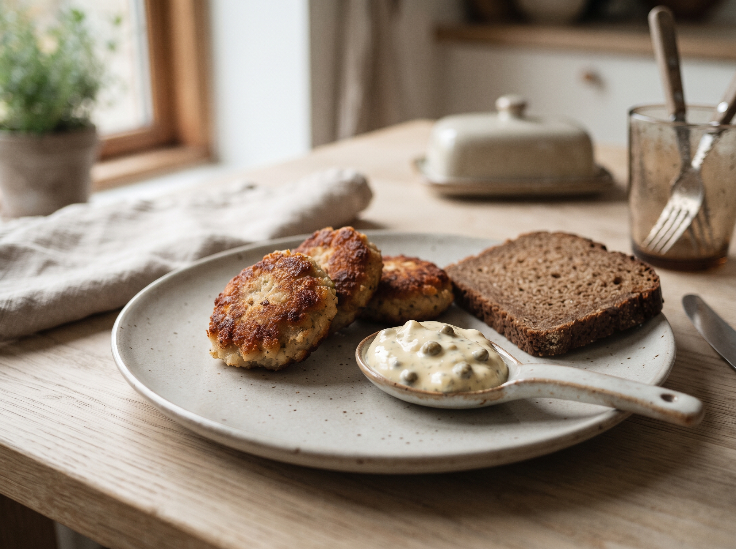 Anrettede fiskefrikadeller med remoulade og rugbrød