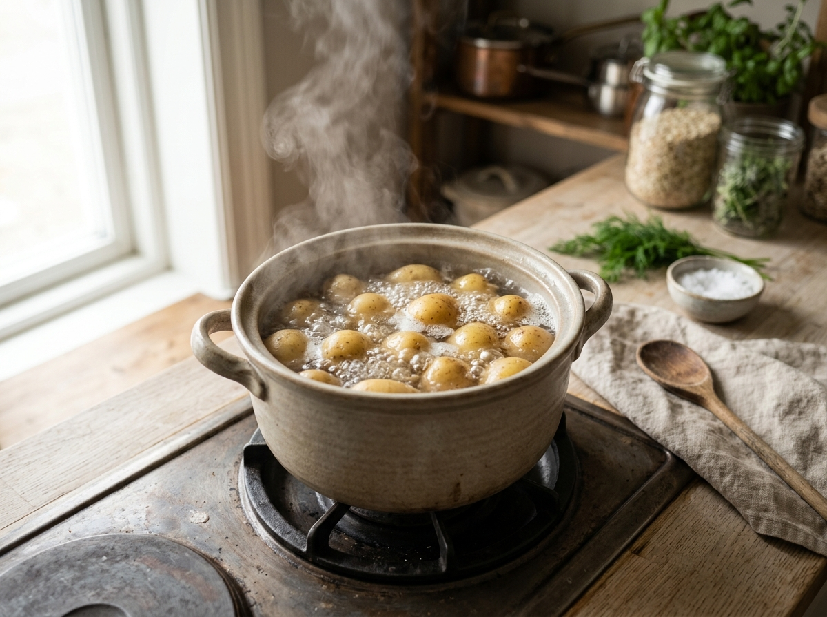 Små kartofler koger i gryde