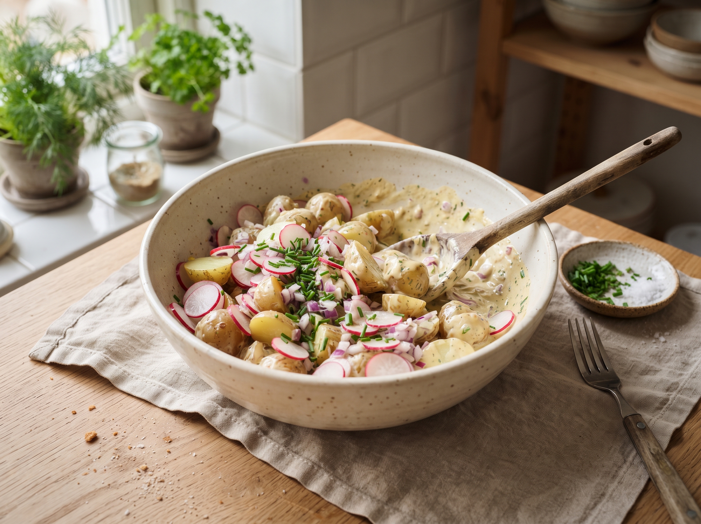 Kold kartoffelsalat vendes med radiser og rødløg