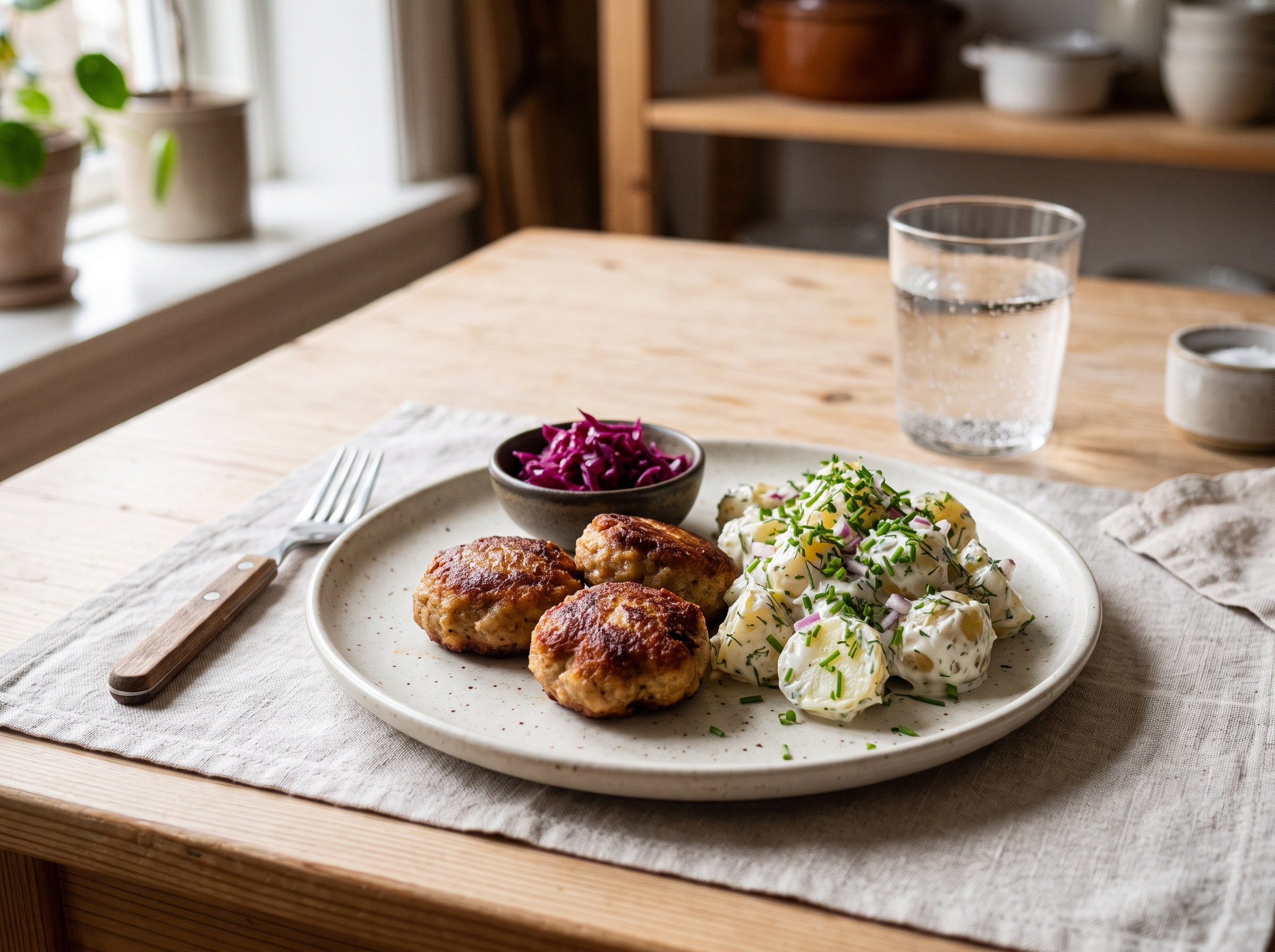 Frikadeller serveret med kold kartoffelsalat