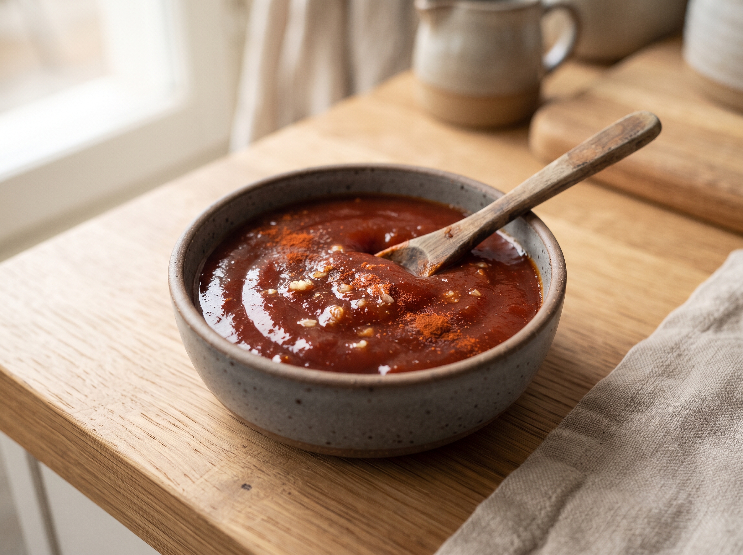 Skål med rørt grillmarinade af ketchup, soja, hvidløg og paprika