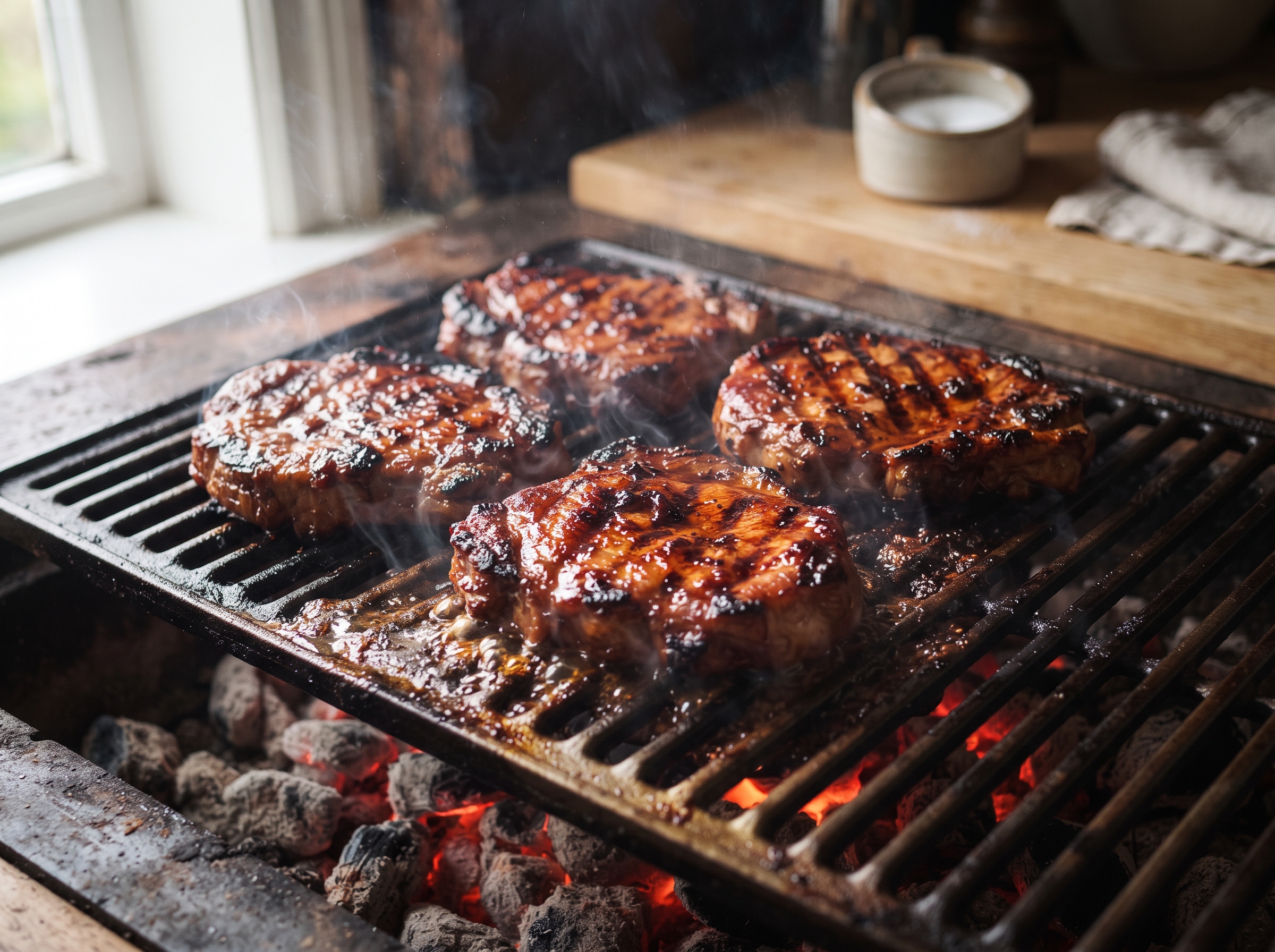 Marinerede nakkekoteletter med grillstriber på grillristen