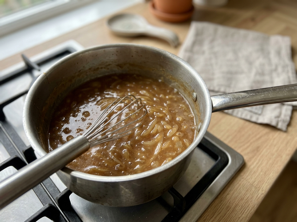 Brun sauce med bløde løg der simrer i en gryde