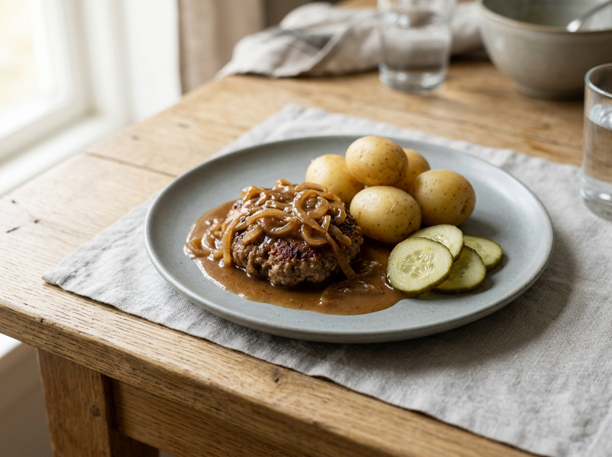 Anrettet hakkebøf med løg, sauce, kartofler og syltede agurker