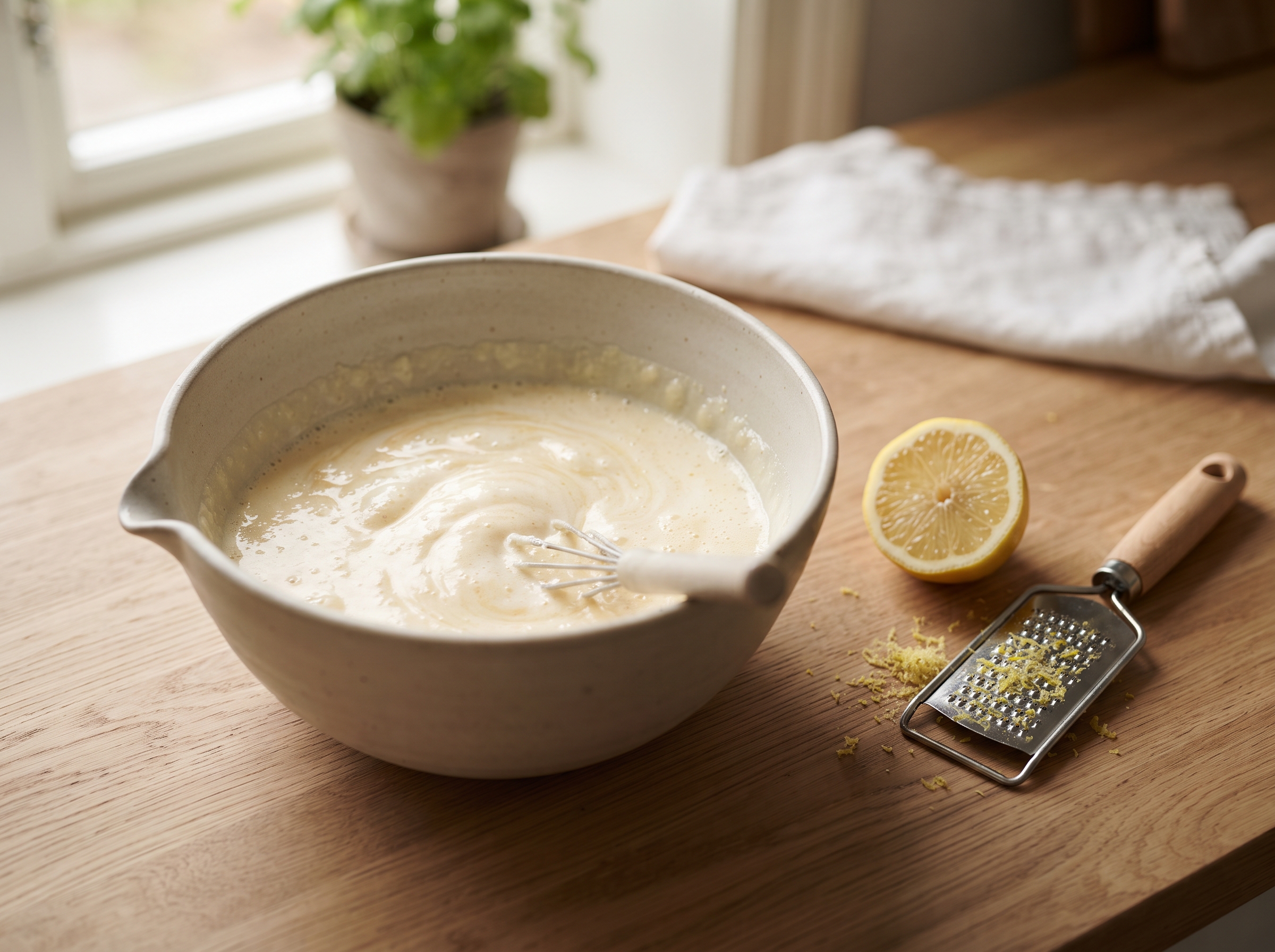 Kærnemælk og ymer røres i æggesnapsen, citron og rivejern ved siden af