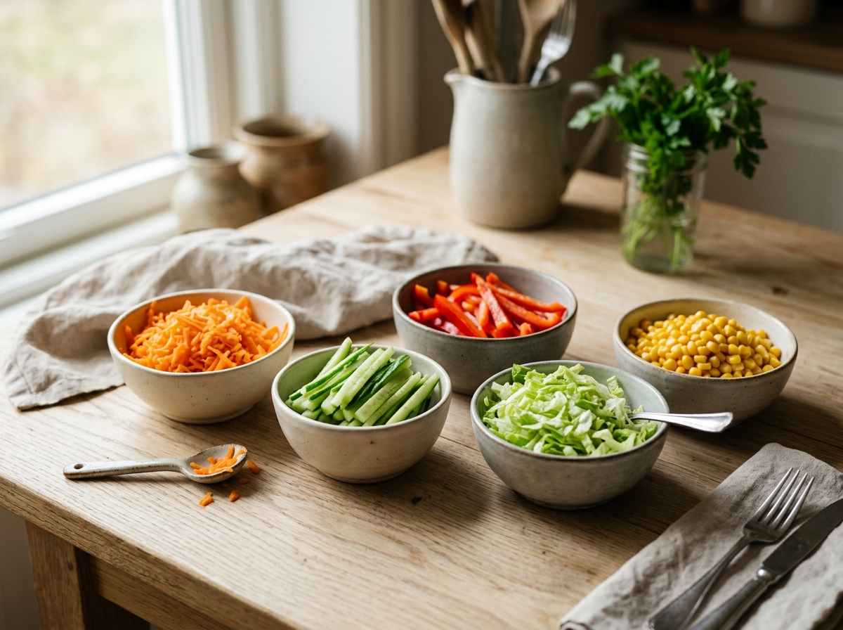 Snittede grøntsager til wraps: revet gulerod, agurk, peberfrugt, salat og majs