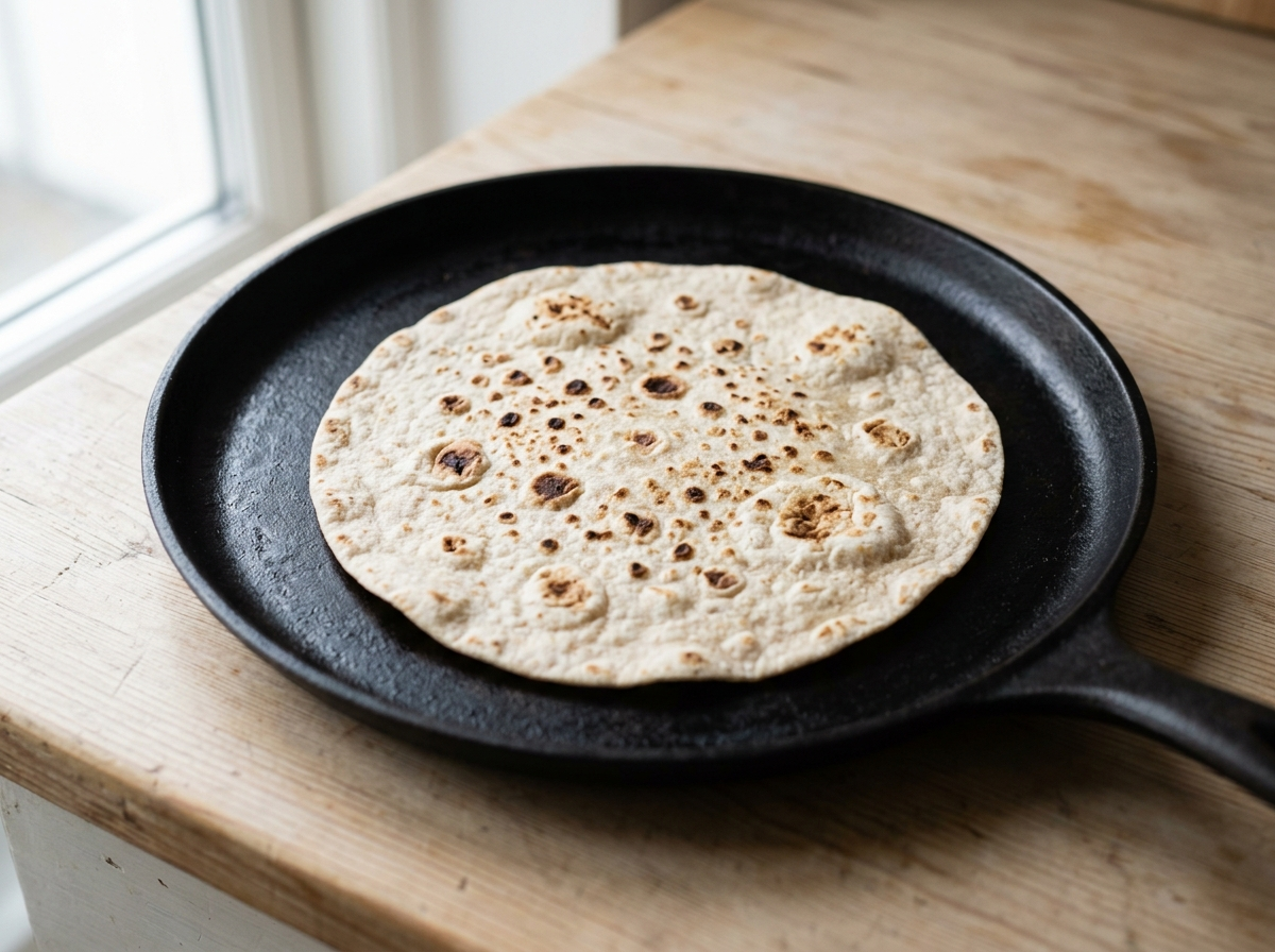 Tortilla varmes på en tør pande