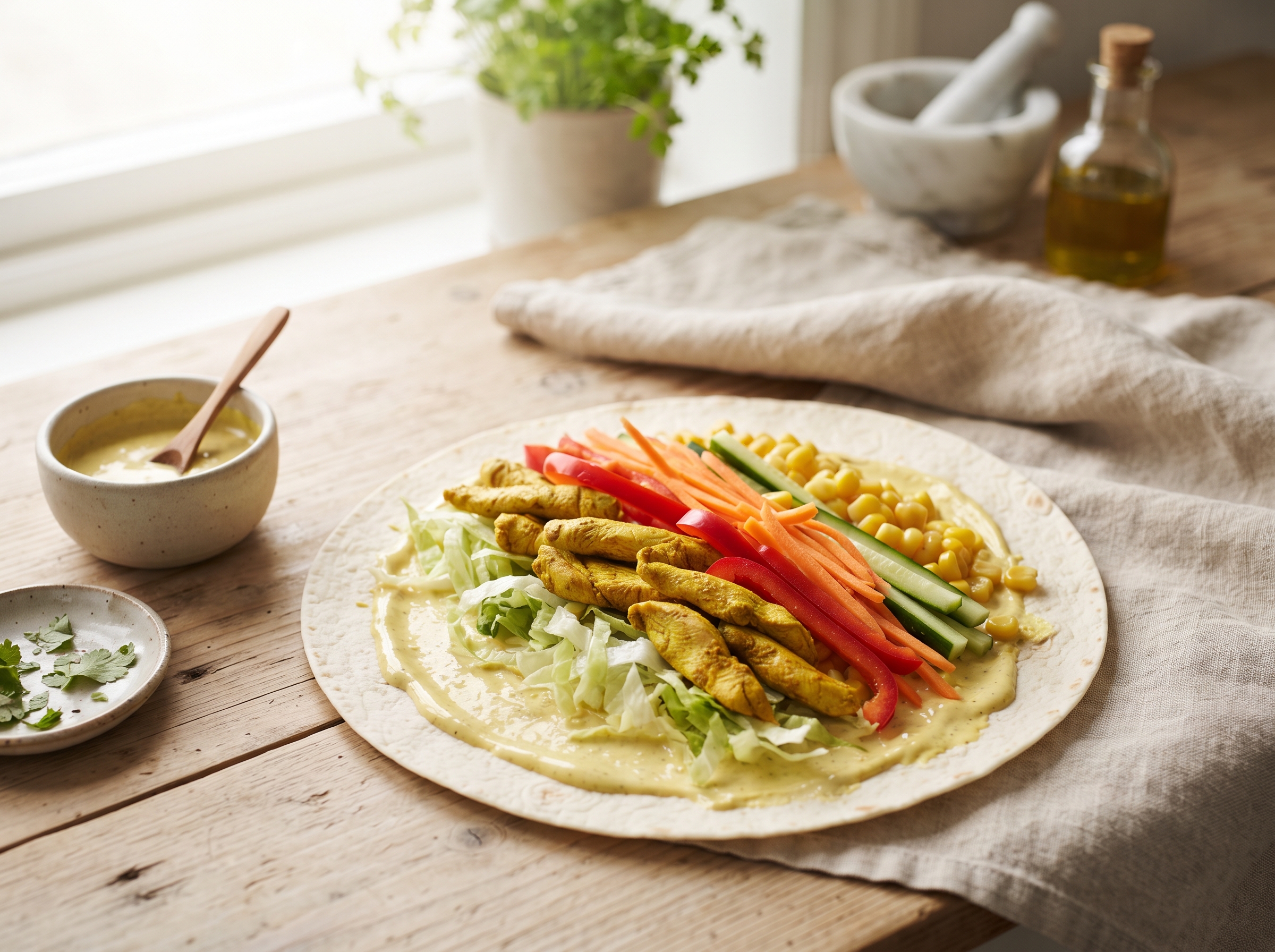 Åben tortilla med karrydressing, salat, kylling og grøntsager, klar til at blive rullet