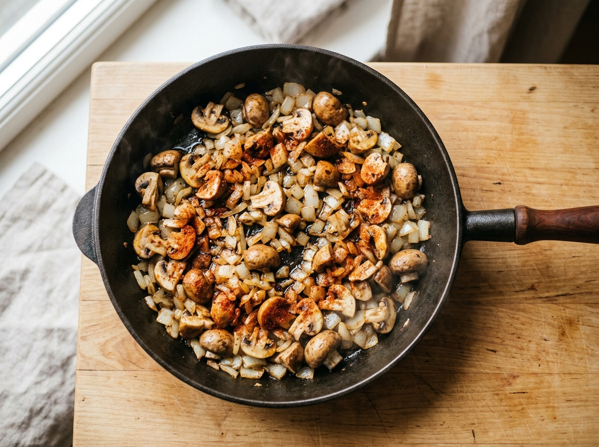 Hakkede løg og champignon svitses i pande med paprika