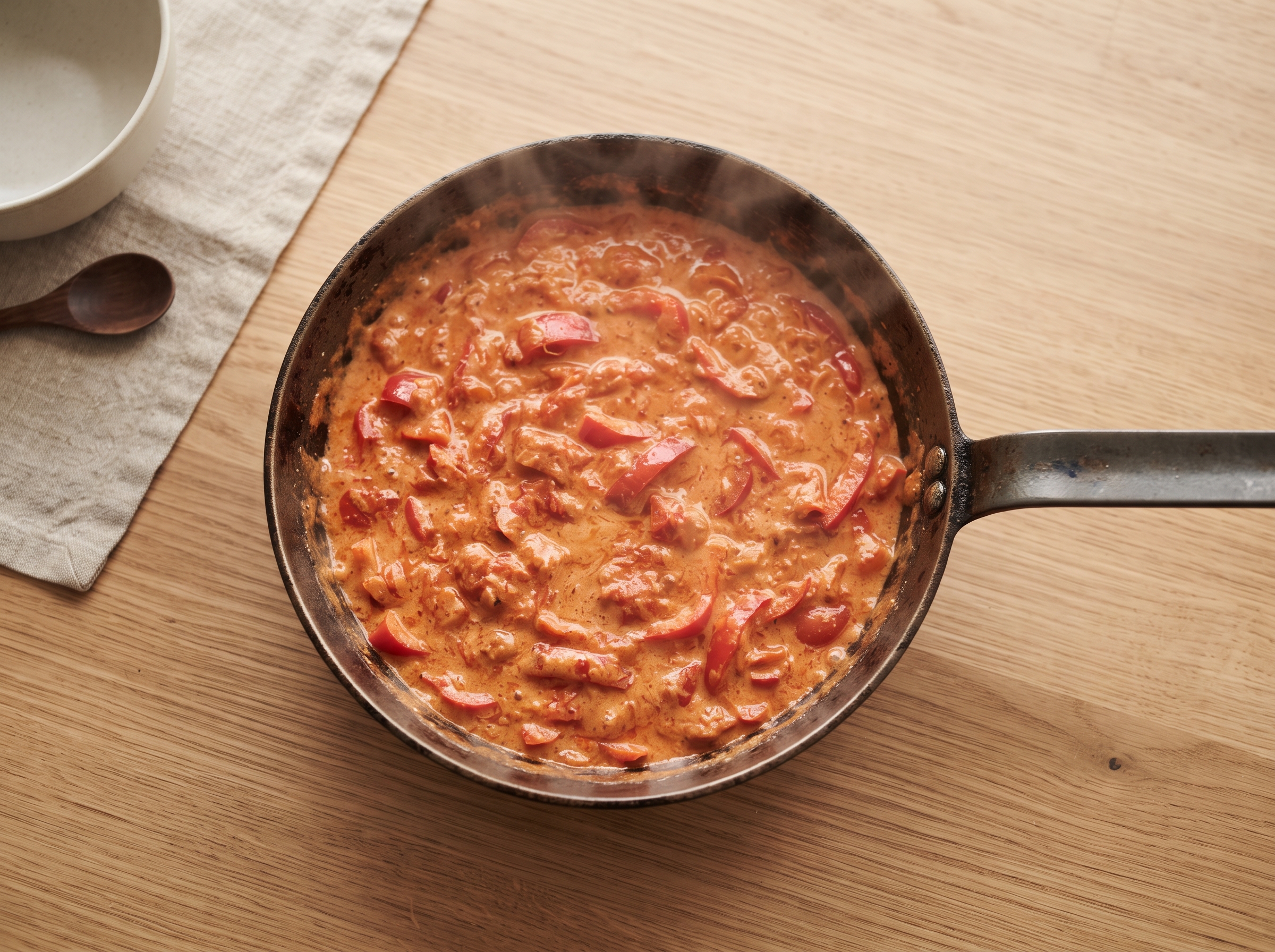 Cremet paprika-tomatsovs simrer i panden med rød peberfrugt