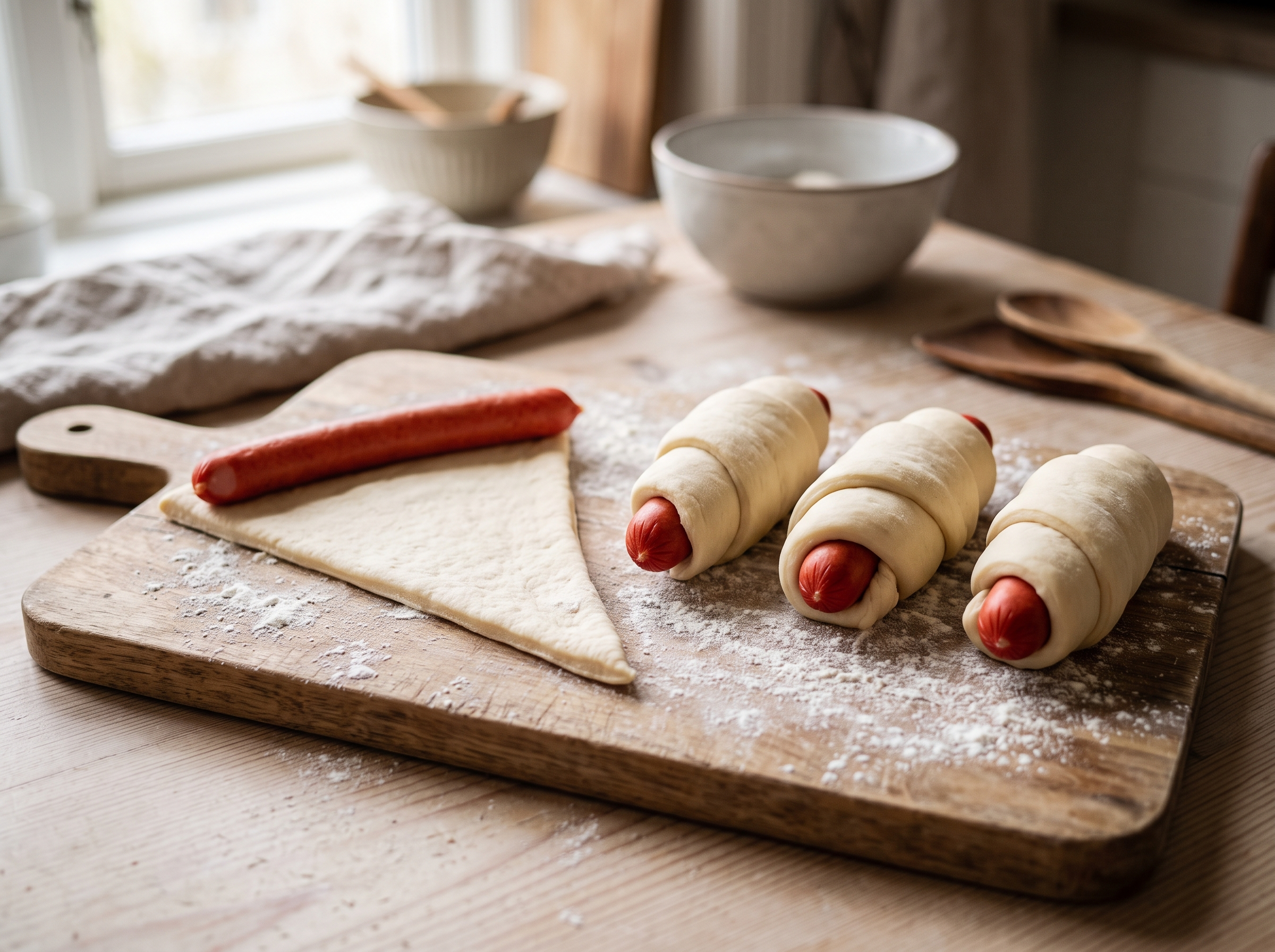 Dejtrekant med wienerpølse og tre rullede pølsehorn på meldrysset bræt