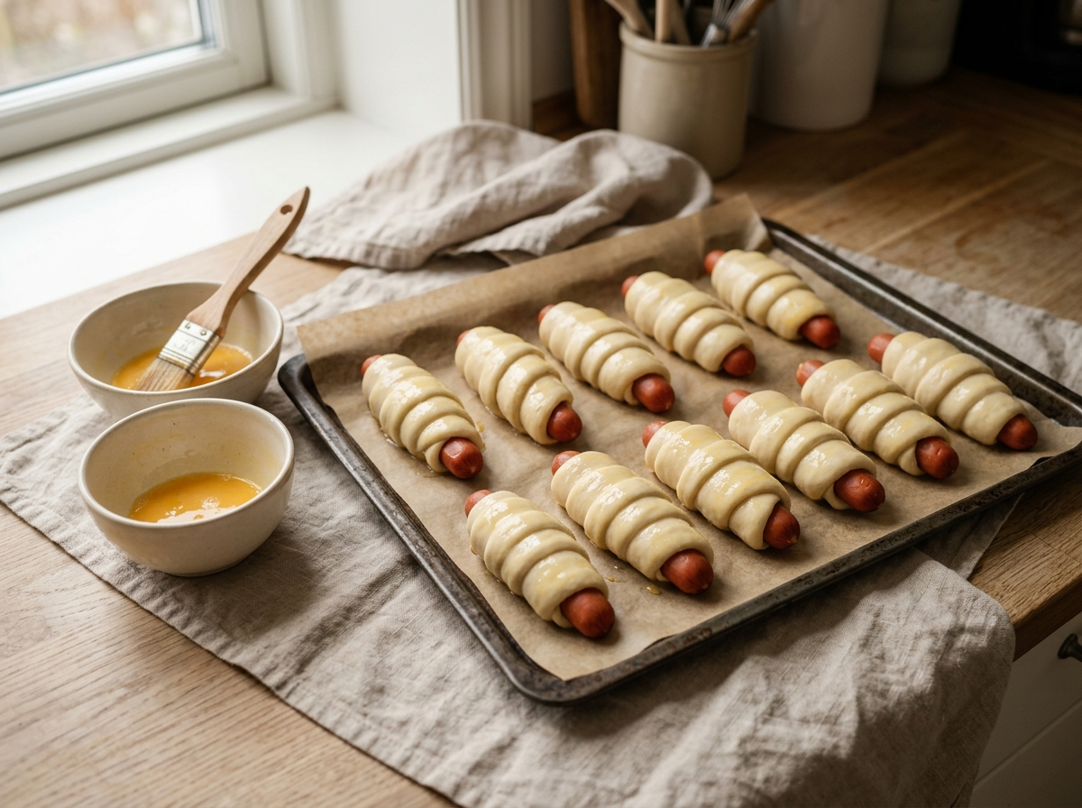 Pølsehorn penslet med æg på bageplade klar til ovnen