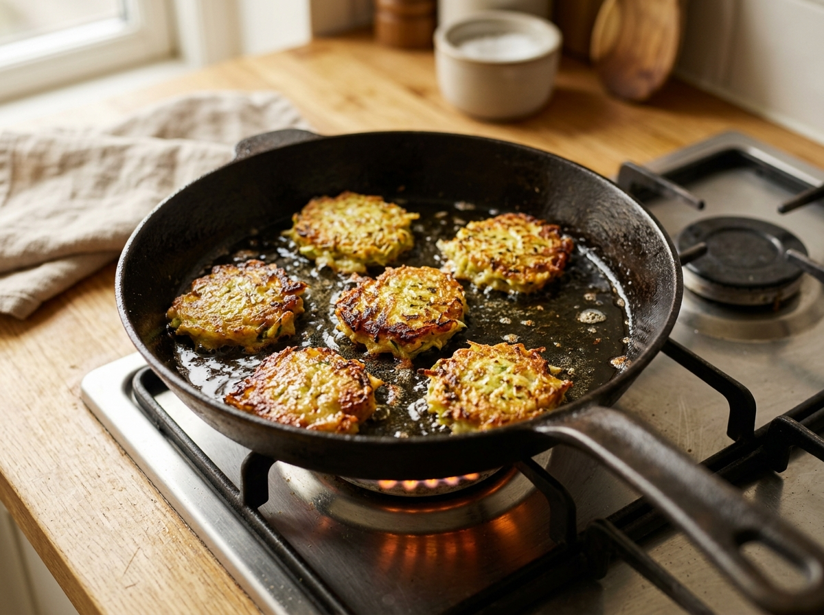 Squashfrikadeller steges gyldne i olie på pande